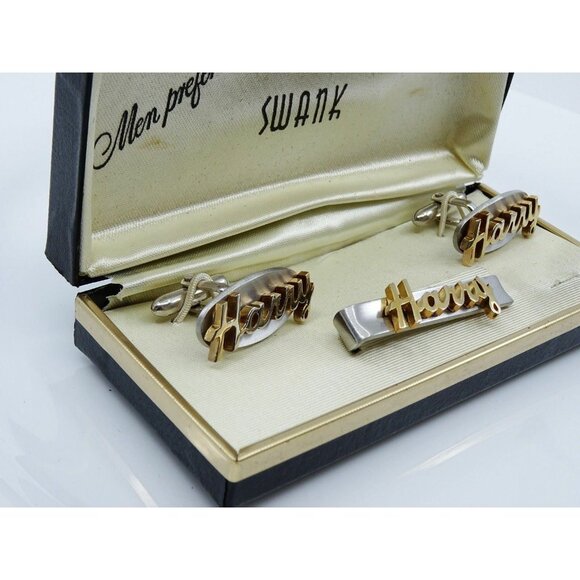 HARRY Name Vintage Cufflinks Tie Clip Bar Set Swank NOS Original Box 1950s - Picture 3 of 4